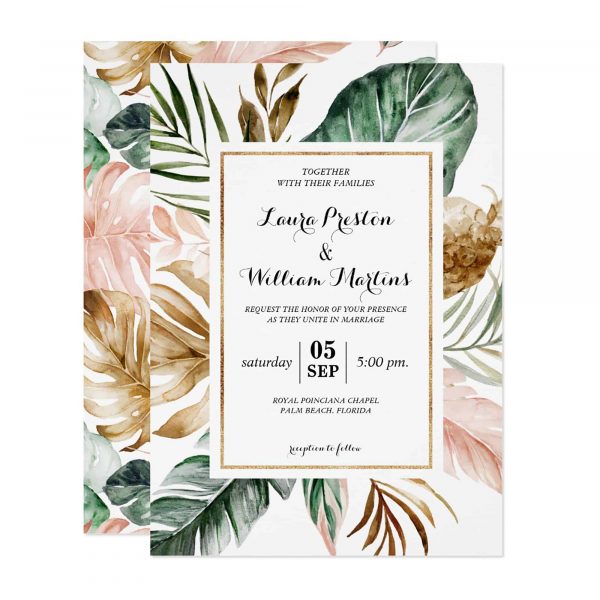 tropical leaves glitter geometric frame wedding invitation