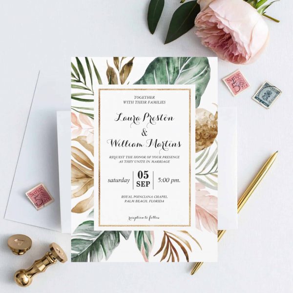 Watercolor Tropical Leaves Wedding Invitation