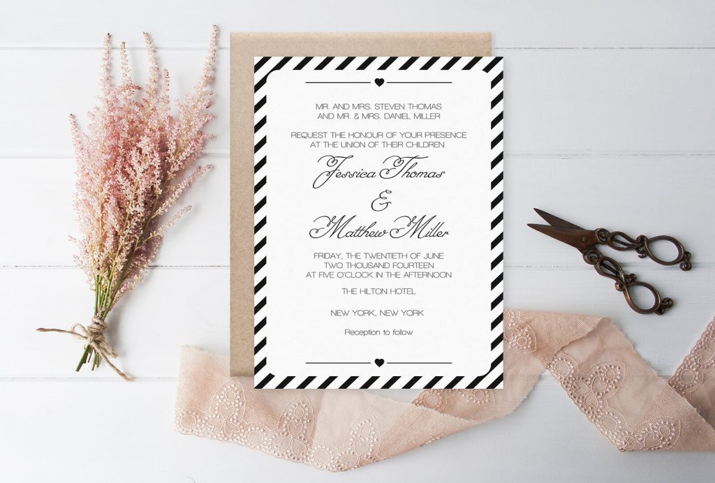 black carnival stripes wedding invitation