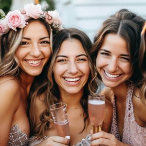Happy Girls Having Fun Drinking with Champagne on Bachelorette Party