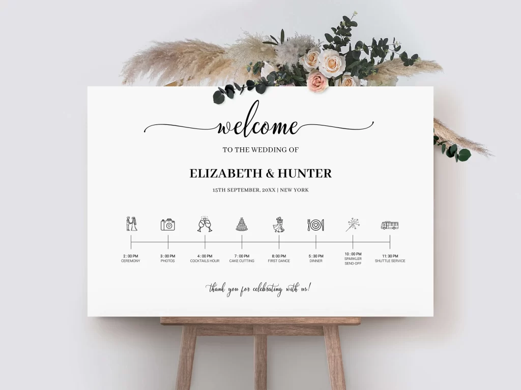 weding reception timeline sign with icons