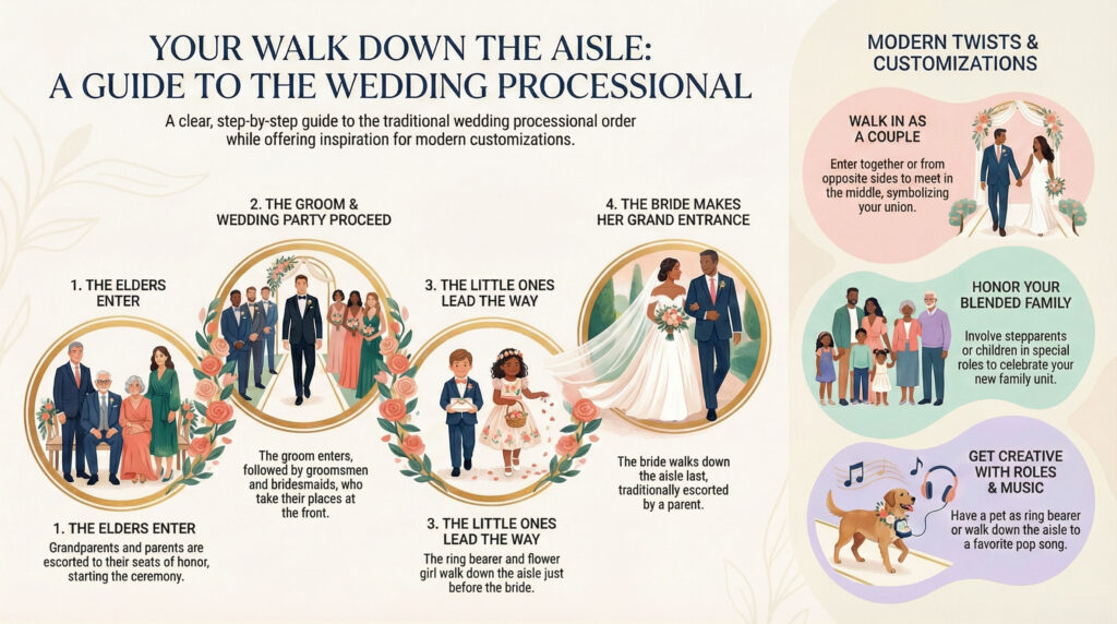 Step-by-step wedding processional timeline infographic combining traditional steps and modern twists