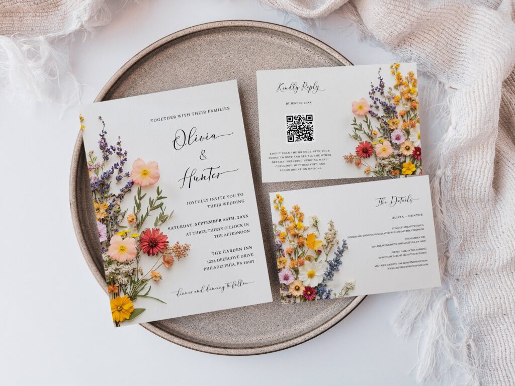 Pressed Flowers Wedding Invitation Template Set