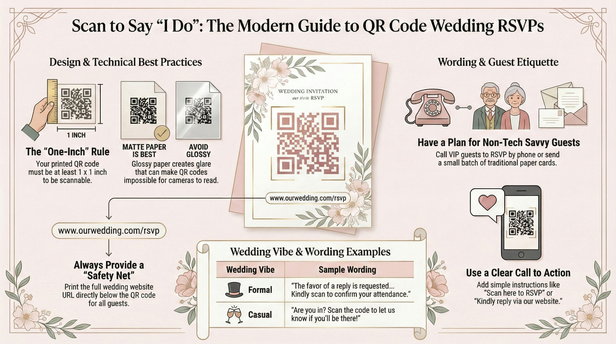 Infographic guide on the etiquette of digital RSVPs for weddings, featuring the 'One-Inch Rule' for QR code size, matte vs glossy paper tips, formal and casual wording examples, and how to handle non-tech-savvy guests.