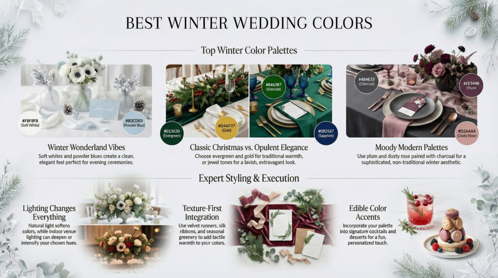 Infographic showing best winter wedding colors and palettes: Winter Wonderland (Soft White & Powder Blue), Classic Christmas (Evergreen, Gold & Emerald), and Moody Modern (Charcoal, Plum & Dusty Rose) with styling tips.