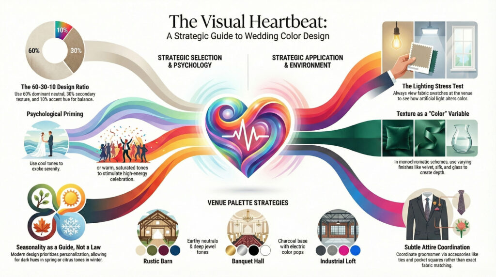 Strategic wedding color palette guide infographic showing 60-30-10 rule, psychology of colors, and venue matching tips.