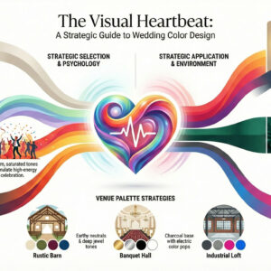 Strategic wedding color palette guide infographic showing 60-30-10 rule, psychology of colors, and venue matching tips.