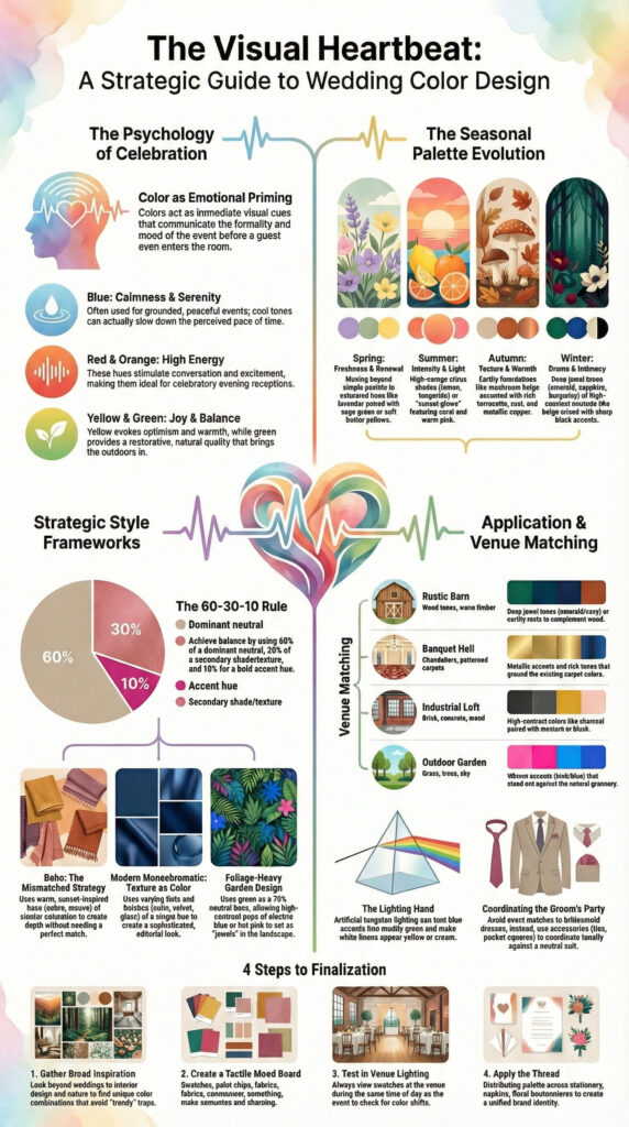 Wedding color psychology and seasonal palette guide infographic with 4 steps to finalize your wedding colors and mood board inspiration.